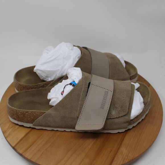 Birkenstock Sandals Mens 11 Kyoto Nubuck Suede Leather Taupe Slide Strap Preppy - Picture 2 of 11